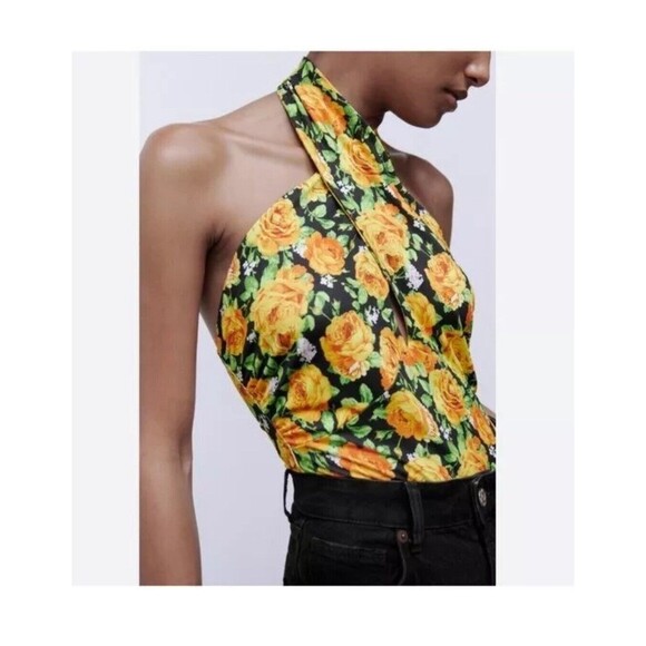 Zara Halter Top Bodysuit Size Small S Black Yellow Green Floral Twist Neck - Picture 2 of 13